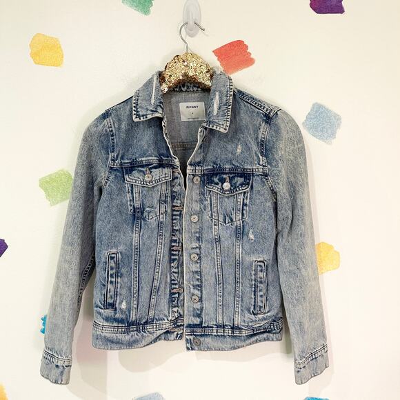 S Old Navy Light Wash Destressed Denim Jacket - Picture 1 of 4